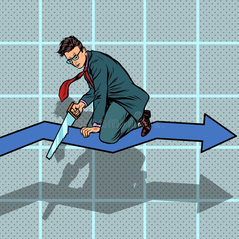 Businessman sawing curve graph. self-destruction stupidity and bankruptcy. incompetence. Pop art retro vector illustration drawing. Businessman sawing curve graph. self-destruction stupidity and bankruptcy. incompetence. Pop art retro vector illustration drawing