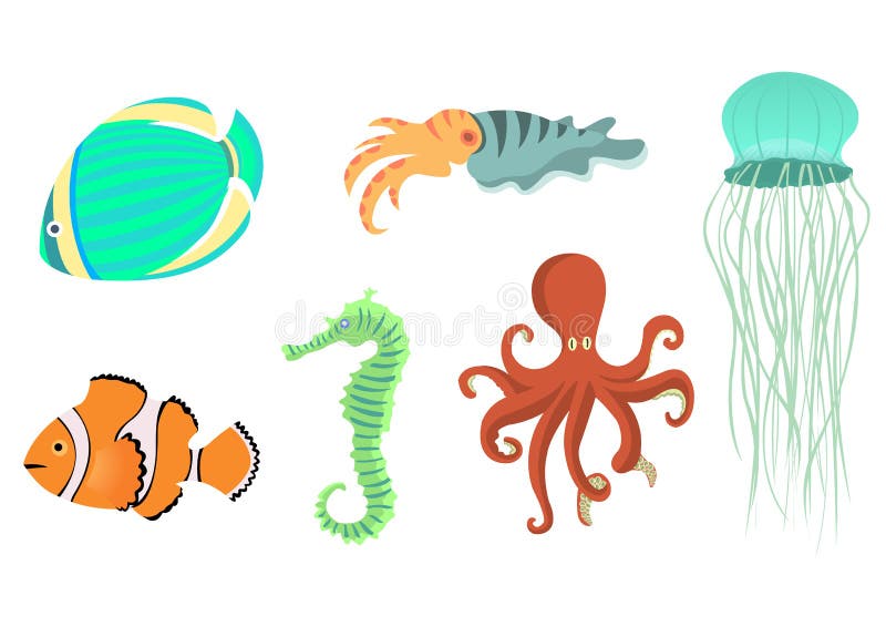 Vector illustration of funny sea animals icons . Our aquatic friends that you can meet on the while diving. Vector illustration of funny sea animals icons . Our aquatic friends that you can meet on the while diving.