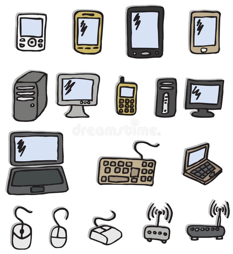 Vector hand drawn illustration of electronics icons. Vector hand drawn illustration of electronics icons