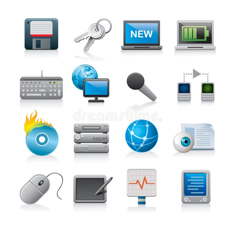 A set or collection of modern electronic and digital technology icons. A set or collection of modern electronic and digital technology icons.