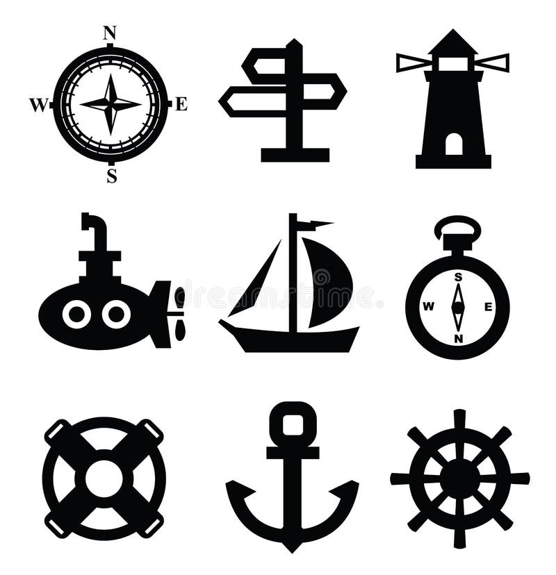 Vector black nautical icons set on gray. Vector black nautical icons set on gray