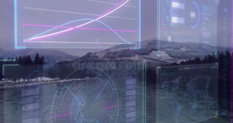 Graphs and data processing animation over snowy mountain landscape and lake stock video