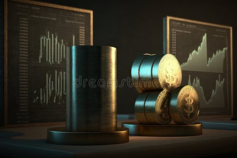 Graphs of the exchange rate and stacks of gold coins. AI generative royalty free illustration