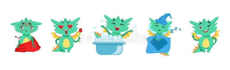 Funny Baby Dragon Character Engaged in Different Activity Vector Set. Cute Fairy Mammal Concept. Funny Baby Dragon Character Engaged in Different Activity Vector Set. Cute Fairy Mammal Concept