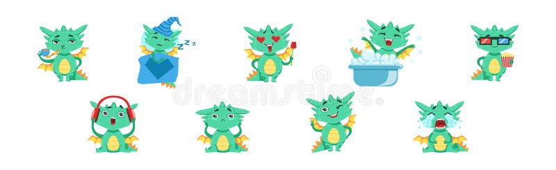 Funny Baby Dragon Character Engaged in Different Activity Vector Set. Cute Fairy Mammal Concept. Funny Baby Dragon Character Engaged in Different Activity Vector Set. Cute Fairy Mammal Concept