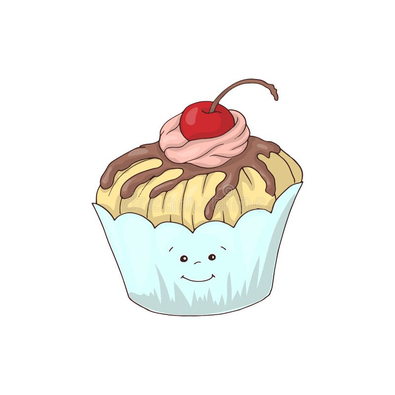 Grappig cupcakekarakter met roze roombovenste laagje, de vectordieillustratie van de beeldverhaalstijl op witte achtergrond wordt royalty-vrije illustratie Grappig cupcakekarakter met roze roombovenste laagje, de vectordieillustratie van de beeldverhaalstijl op witte achtergrond wordt royalty-vrije illustratie