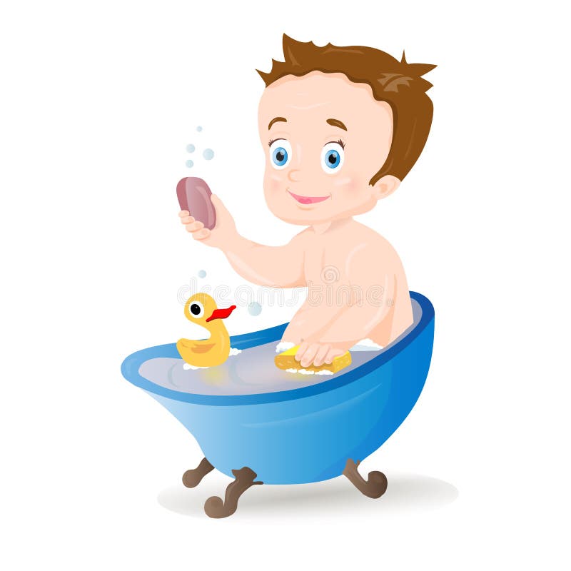 Grappig weinig babyjongen met zeep in het bassin en het spelen met een geel rubbereendstuk speelgoed royalty-vrije illustratie Grappig weinig babyjongen met zeep in het bassin en het spelen met een geel rubbereendstuk speelgoed royalty-vrije illustratie