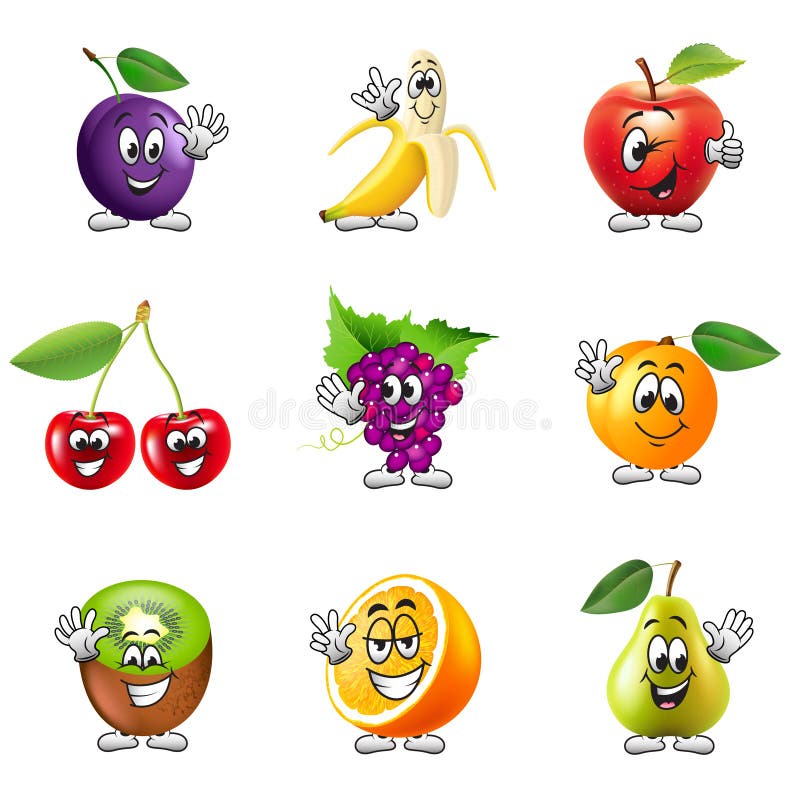 Grappige beeldverhaalvruchten pictogrammen vectorreeks stock illustratie Grappige beeldverhaalvruchten pictogrammen vectorreeks stock illustratie