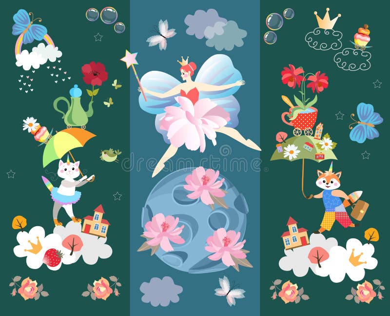 Grappige behang of affiche voor baby Gevleugelde feeprinses, blauwe planeet met zachte roze bloemen, katje en weinig vos stock illustratie Grappige behang of affiche voor baby Gevleugelde feeprinses, blauwe planeet met zachte roze bloemen, katje en weinig vos stock illustratie