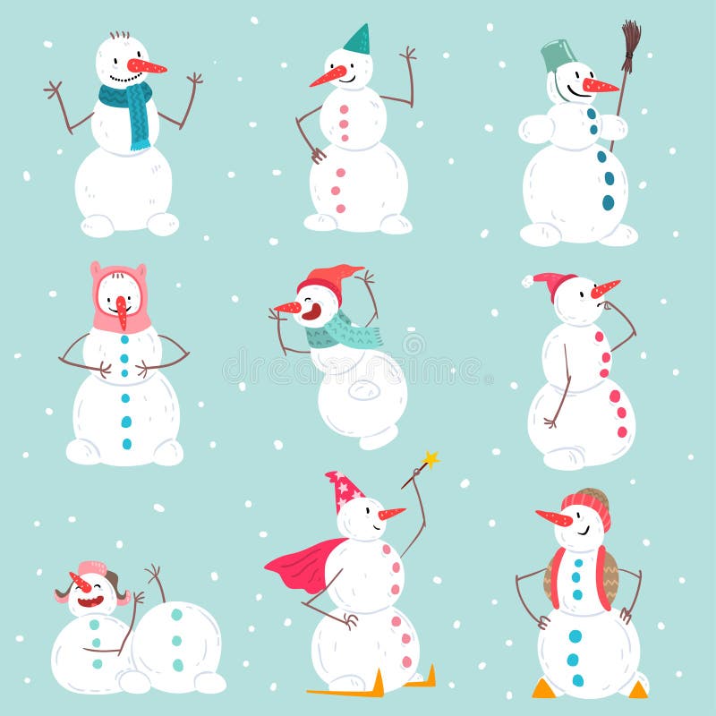 Grappige emotionele sneeuwmannenset van tekens in verschillende situaties, Kerstmis en Nieuwjaarvakantiedecoratieelementen vector illustratie Grappige emotionele sneeuwmannenset van tekens in verschillende situaties, Kerstmis en Nieuwjaarvakantiedecoratieelementen vector illustratie