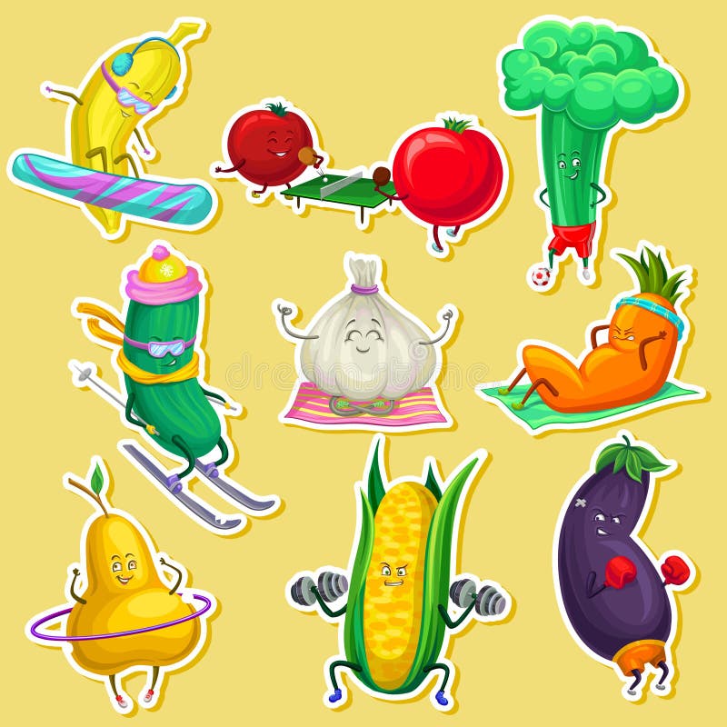 Grappige groente en fruitkarakters die geplaatste sporten doen, stickers met de vectorillustraties van het groentenbeeldverhaal vector illustratie Grappige groente en fruitkarakters die geplaatste sporten doen, stickers met de vectorillustraties van het groentenbeeldverhaal vector illustratie
