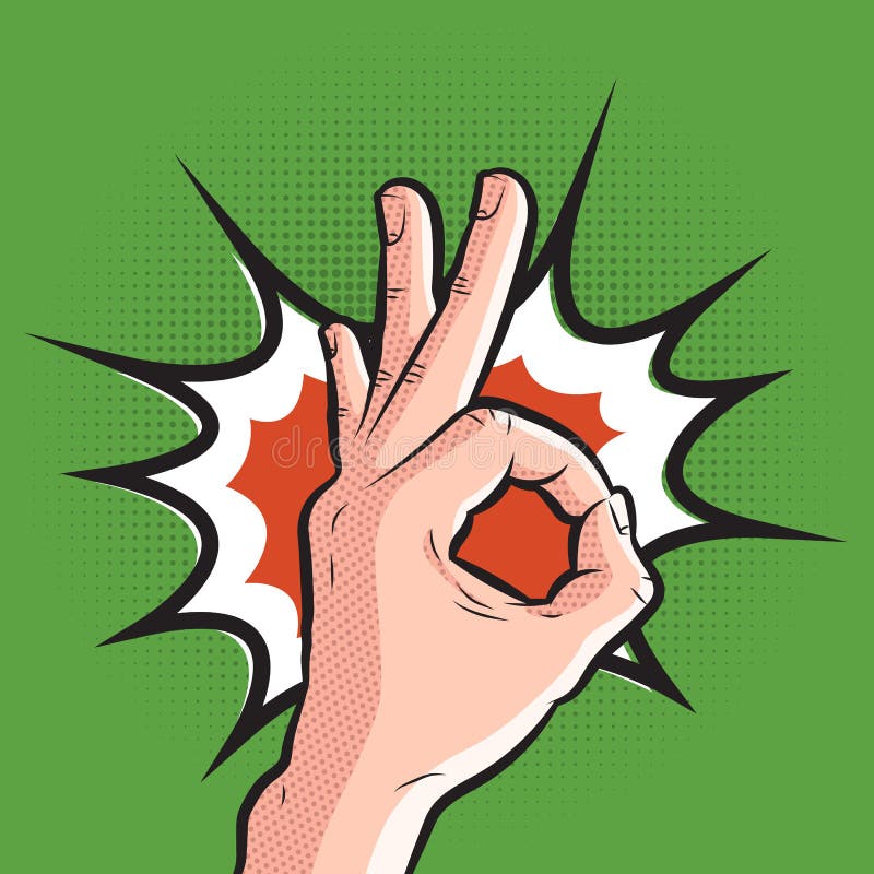 Grappige hand die o.k. gebaar tonen het pop-art allen is goed teken op halftone achtergrond royalty-vrije illustratie Grappige hand die o.k. gebaar tonen het pop-art allen is goed teken op halftone achtergrond royalty-vrije illustratie
