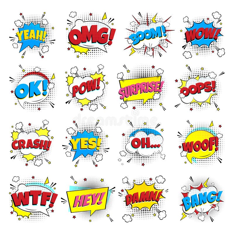 16 Grappige het van letters voorzien reeks in de toespraak borrelt grappig stijl vlak ontwerp stock illustratie 16 Grappige het van letters voorzien reeks in de toespraak borrelt grappig stijl vlak ontwerp stock illustratie