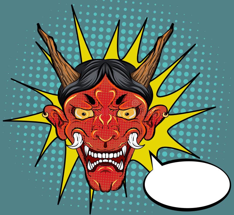 Grappige kunst en halftone stijl Japans demonmasker gelukkig en grappig op halftone achtergrond stock illustratie Grappige kunst en halftone stijl Japans demonmasker gelukkig en grappig op halftone achtergrond stock illustratie