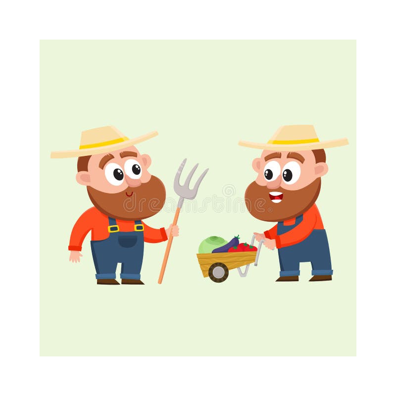 Grappige landbouwers die groenten oogsten, houdend hooivork, duwend stootkar met groenten vector illustratie Grappige landbouwers die groenten oogsten, houdend hooivork, duwend stootkar met groenten vector illustratie