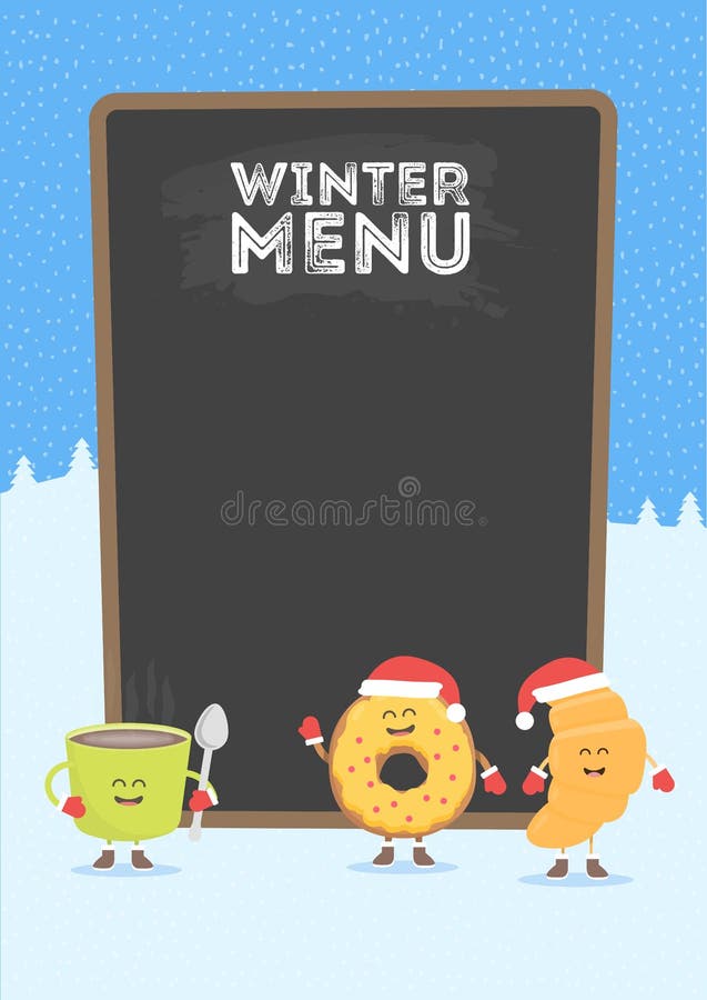 Grappige leuke snel die voedselkoffie, croissant en doughnut met een glimlach, ogen en handen wordt getrokken Kerstmis en Nieuwja stock illustratie Grappige leuke snel die voedselkoffie, croissant en doughnut met een glimlach, ogen en handen wordt getrokken Kerstmis en Nieuwja stock illustratie
