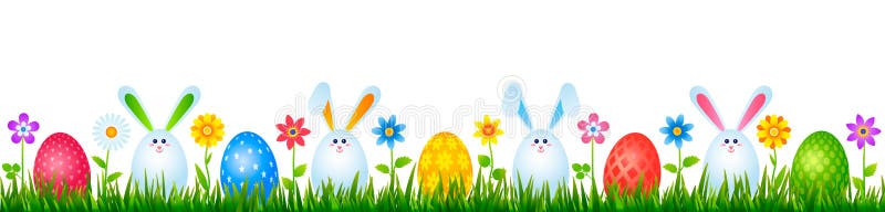 Grappige Pasen-konijntjeseieren op groen gras met bloemen Het concept van Pasen en van de lente Vector illustratie royalty-vrije stock foto's Grappige Pasen-konijntjeseieren op groen gras met bloemen Het concept van Pasen en van de lente Vector illustratie royalty-vrije stock foto's
