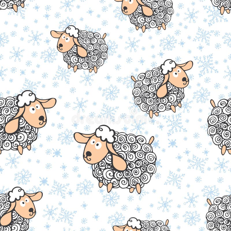 Grappige schapen met sneeuwvlokken Naadloos patroon royalty-vrije illustratie Grappige schapen met sneeuwvlokken Naadloos patroon royalty-vrije illustratie
