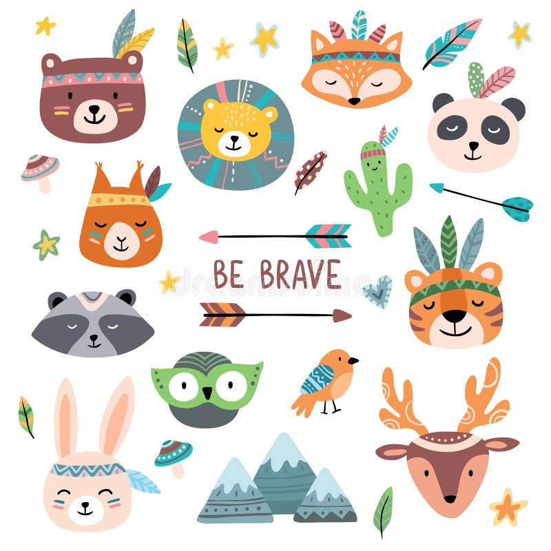 Grappige stammendierengezichten De wilde bosdierentuin, leuk dier met tribals ziet het schilderen geïsoleerde beeldverhaal vector vector illustratie Grappige stammendierengezichten De wilde bosdierentuin, leuk dier met tribals ziet het schilderen geïsoleerde beeldverhaal vector vector illustratie
