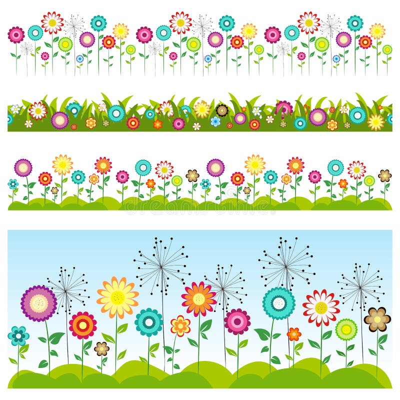 Gras und Blumen eingestellt Nahtlose mit Blumenmuster lizenzfreie abbildung Gras und Blumen eingestellt Nahtlose mit Blumenmuster lizenzfreie abbildung