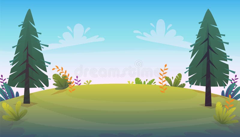 Grass glade lawn in the forest background,  joyful bright kids green field, cartoon style hill summer sun clear sky with clouds