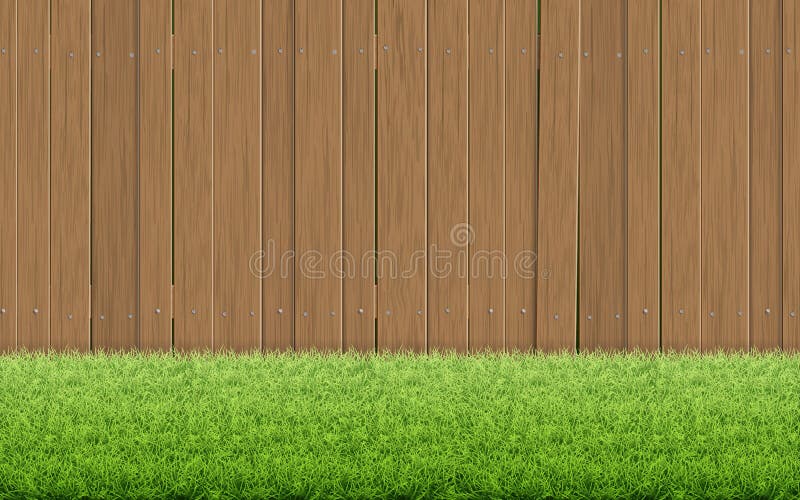 Grass lawn and brown wooden fence. Spring background.
