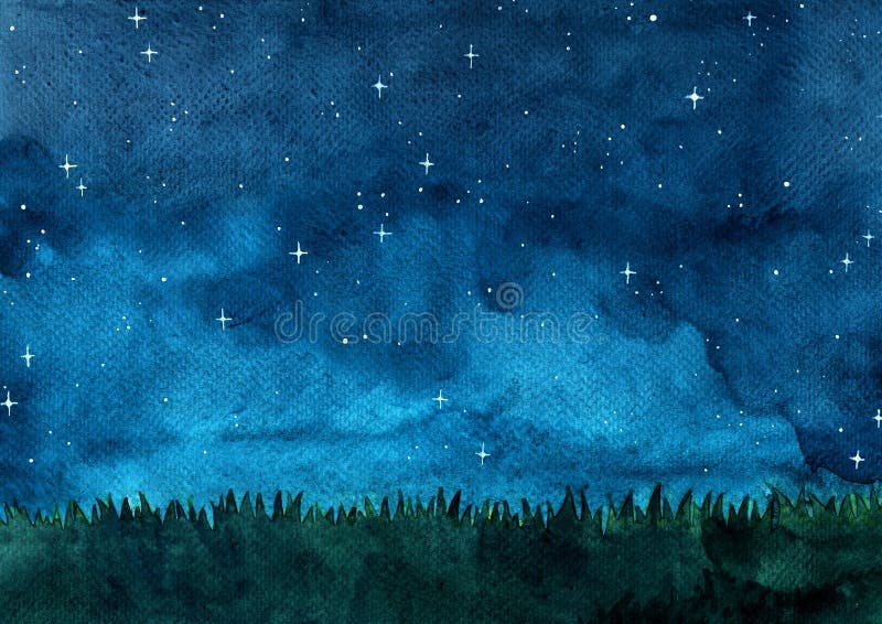 Grass meadow with night sky watercolor hand painting background.