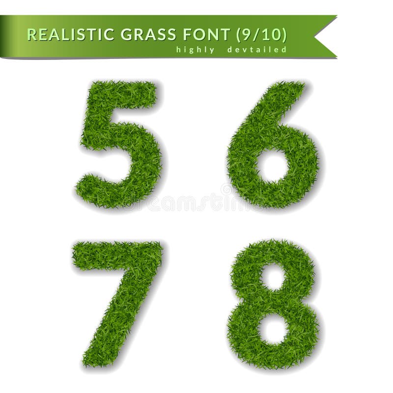 Grass numbers 5 6 7 8. Green numbers five, six, seven, eight isolated on white background. Green grass, symbol of fresh