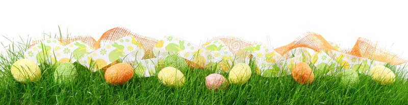 Grass Panorama with Easter Eggs on White Background Stock Image - Image