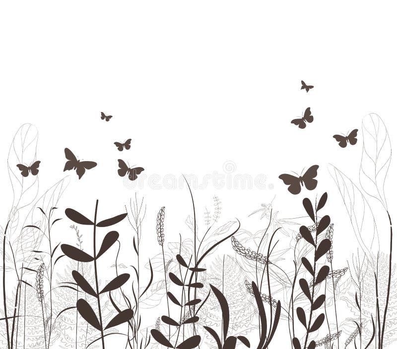 Grass and Butterflies Vector Silhouette Stock Vector - Illustration of ...