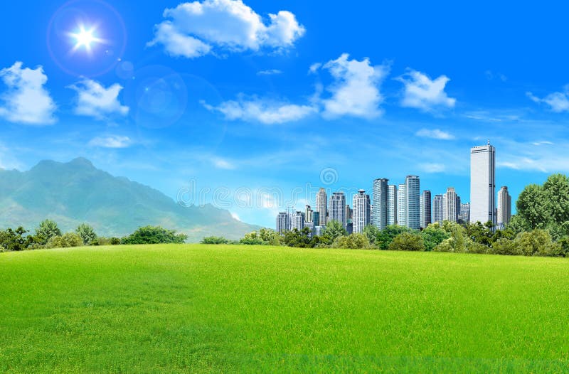 Grassland with city