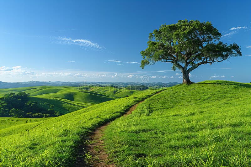 A grassy hill with one tree on the right side, clear blue sky, bright green color of the grass and trees, panoramic view, photo t royalty free illustration
