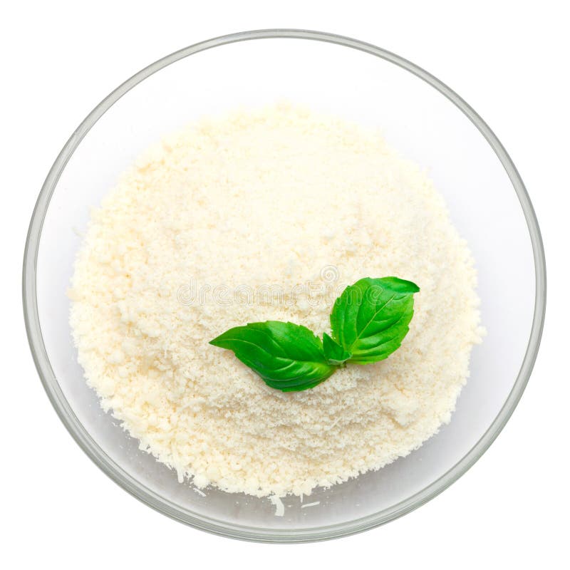 Grated Parmesan Cheese in Glass Bowl Isolated on White Background Stock