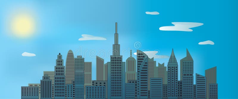 Grattacieli della città nel giorno con il sole e le nuvole in cielo blu illustrazione vettoriale