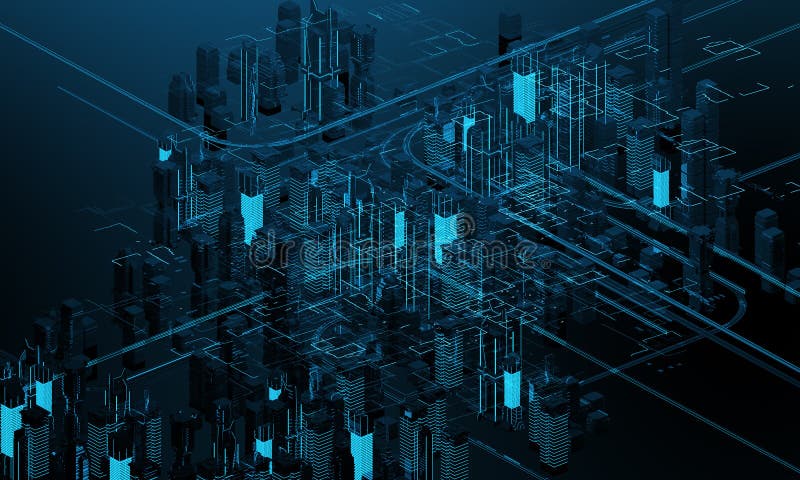 Grattacieli futuristici nel flusso Il flusso dei dati digitali Città del futuro illustrazione 3D rappresentazione 3d royalty illustrazione gratis
