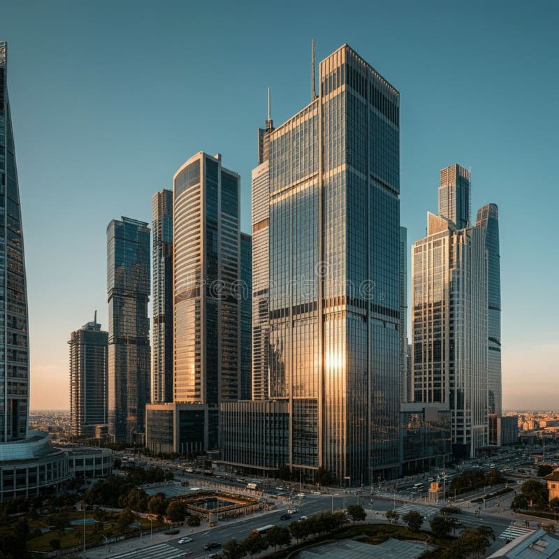 Gratte-ciel dans une ville moderne reflétant la lumière du soleil sur leurs façades en verre. Le illustration de vecteur