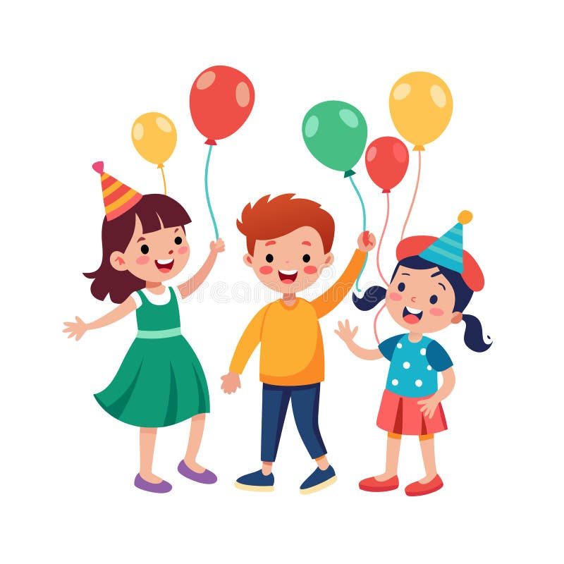 Grattis Barn som firar födelsedagen med Ballonger och Pitthattillustration royaltyfri illustrationer