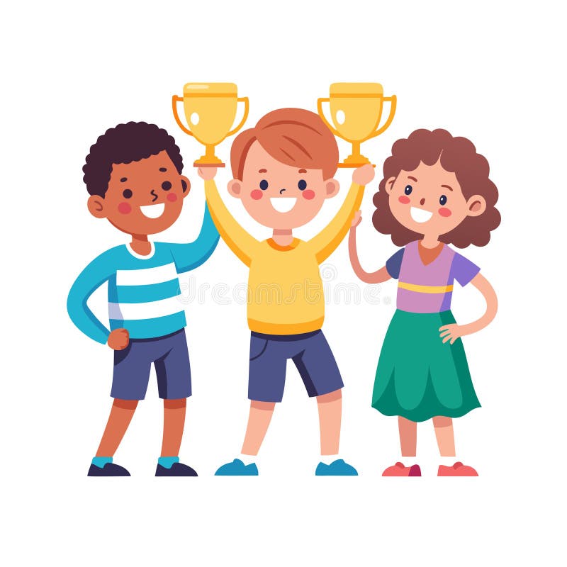Grattis Barn som firar seger med troféteamwork och lyckad illustration royaltyfri illustrationer