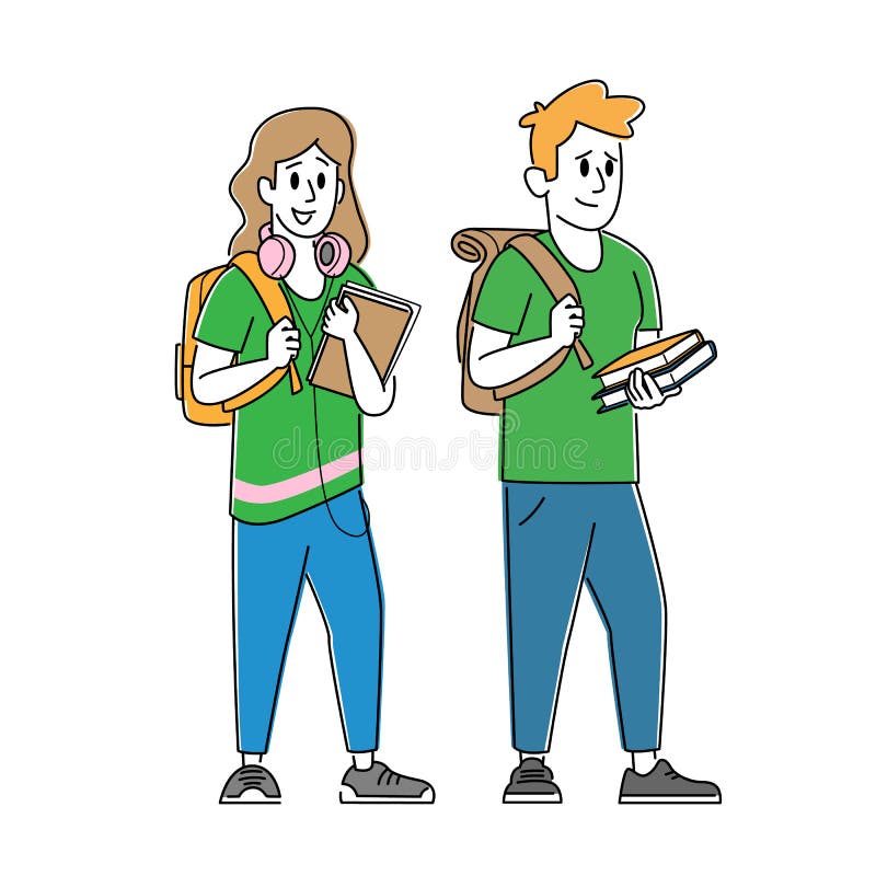 Grattis till studenterna, manliga kvinnliga tecken med ryggsäck och läs- och skrivböcker Skolpojke och skolflicka, utbildningsår vektor illustrationer