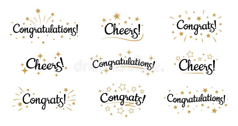 Grattis till texten Gratulerar till textetiketter, skyltar med gyllene sprickor och stjärnor och gratulationer vektor illustrationer