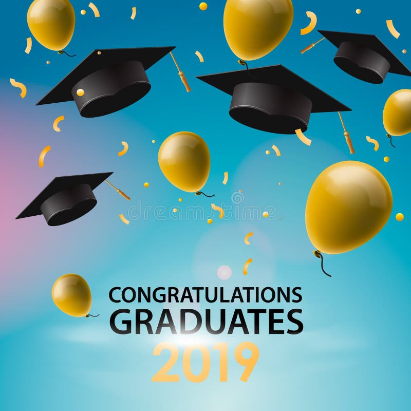 Gratulacje Kończą studia 2019, nakrętki, balony i confetti na niebieskiego nieba tle, Nakrywa zrzucony up 1 zaproszenie karty ilustracji Gratulacje Kończą studia 2019, nakrętki, balony i confetti na niebieskiego nieba tle, Nakrywa zrzucony up 1 zaproszenie karty ilustracji