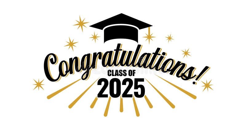 Gratulationsklassbanderoll. Graderingsklass på 2025 års hälsningskort med graderingstativ stjärnor, fyrverkeribokstäver vektor illustrationer