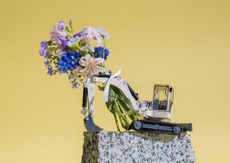 Gratulationskort för byggverksamhet. blombukett på grävbom royaltyfri bild