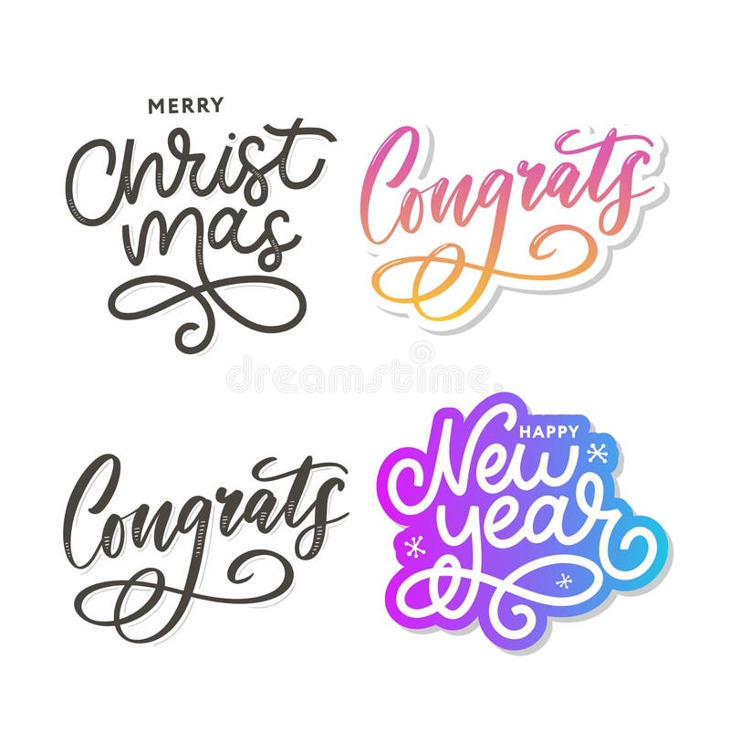 Gratulerar till julklapp - nyårskort med text i kalligrafi stock illustrationer