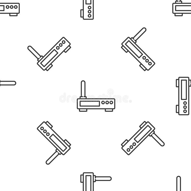 Grau-Linien-Router und WiFi-Signal-Symbol isoliert nahtloses Muster auf weißem Hintergrund. Wireless-Ethernet-Modem-Router lizenzfreie abbildung