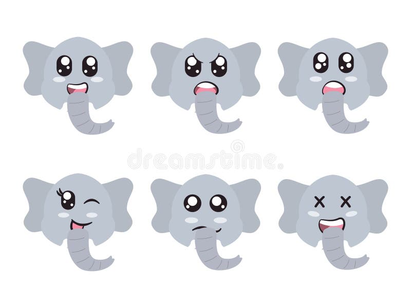 Graue Farbe Kopf Elefant Gesicht Charakter Ausdruck Lächeln lachen glücklich traurigen Blinzauge und fröhliche Geste vektor abbildung