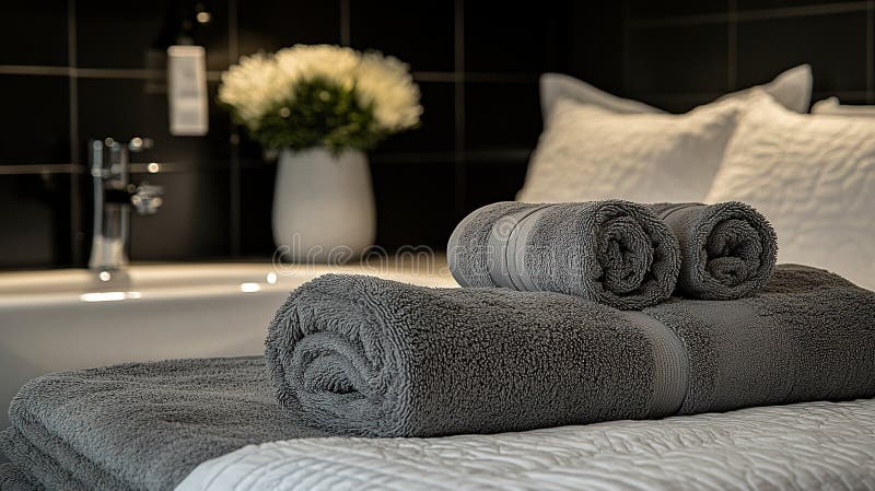 Graue Handtücher auf einem modernen Bett Badezimmer im Hintergrund vektor abbildung