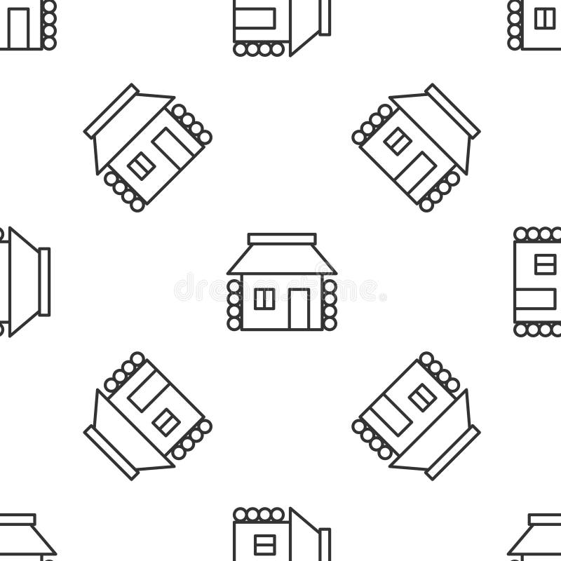 Graue Linie altukrainische Häuser Ikone isolierte nahtlose Muster auf weißem Hintergrund. Dorfhaus. Vektor stock abbildung