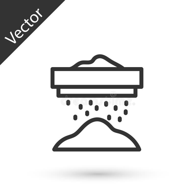 Graue Linie Sieben von Mehl Getreide oder Puderzucker durch Sieb Symbol auf weißem Hintergrund isoliert. Vektor vektor abbildung