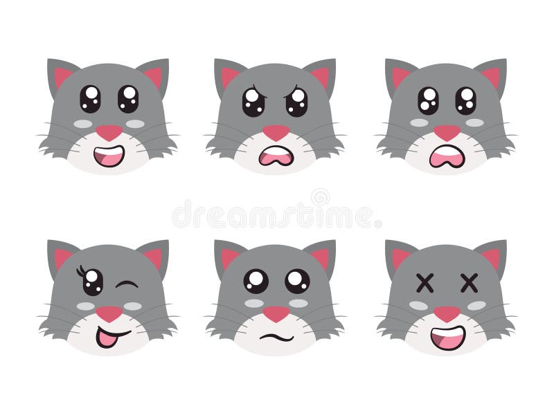 Graue, weiße Kopfkatzenkatze Gesicht Charakterausdruck Lächeln lachen glücklich traurigen Blinzauge und fröhliche Geste stock abbildung